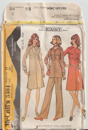 Dress or Tunic & Pants - Bust 86 cm - Vintage Pattern - McCalls 3404 - 1972