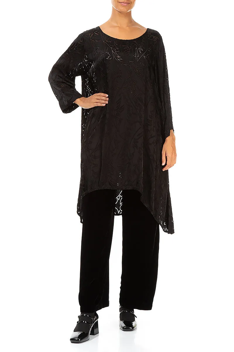 Dropped Edge Black Devoré Feather Silk Tunic