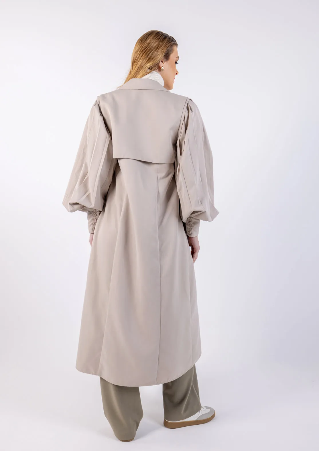 Elegant Double-Breasted Trench Coat with Pleated Balloon Sleeves