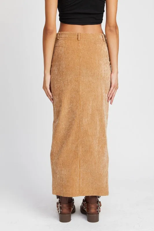 Elizabeth Tan Corduroy Midi Skirt with Front Slit