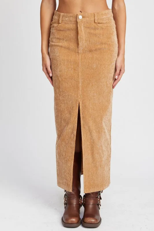 Elizabeth Tan Corduroy Midi Skirt with Front Slit