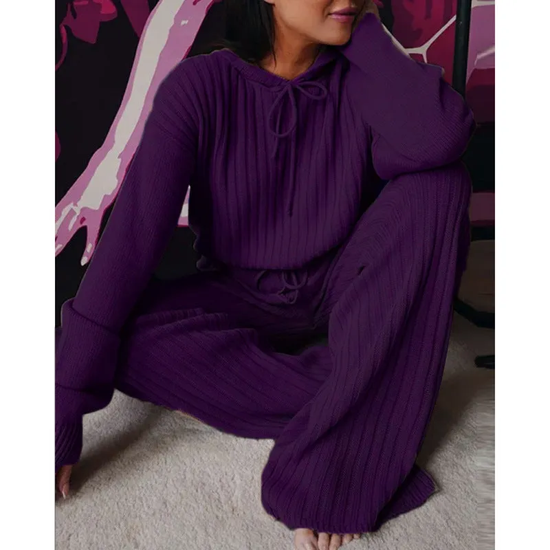 Essential Ribbed 2-Piece Loungewear - Cotton Blend Hooded Pullover and Pants