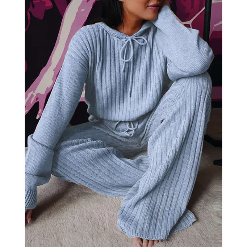 Essential Ribbed 2-Piece Loungewear - Cotton Blend Hooded Pullover and Pants