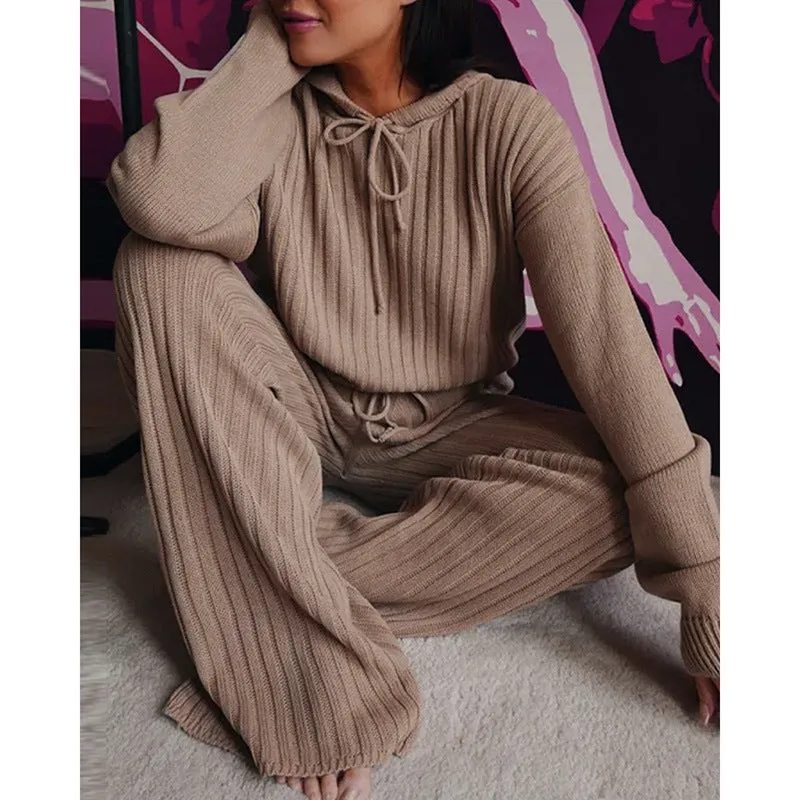 Essential Ribbed 2-Piece Loungewear - Cotton Blend Hooded Pullover and Pants