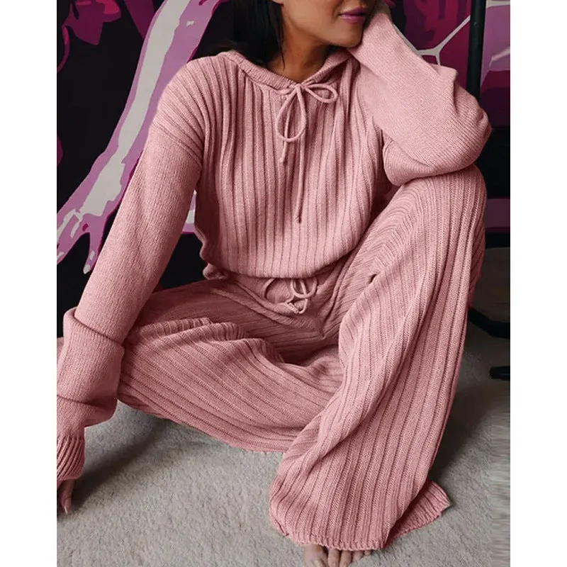 Essential Ribbed 2-Piece Loungewear - Cotton Blend Hooded Pullover and Pants