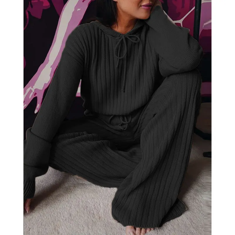 Essential Ribbed 2-Piece Loungewear - Cotton Blend Hooded Pullover and Pants