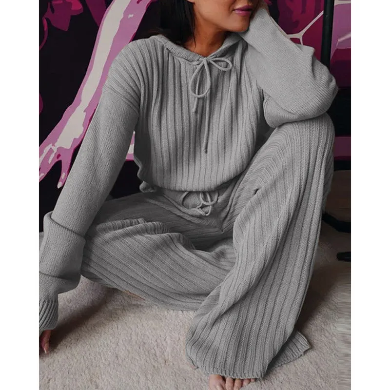 Essential Ribbed 2-Piece Loungewear - Cotton Blend Hooded Pullover and Pants