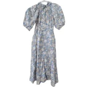 Exaggerated Puffed Bell Sleeved Maxi Dress Floral Blue Tan Size Small