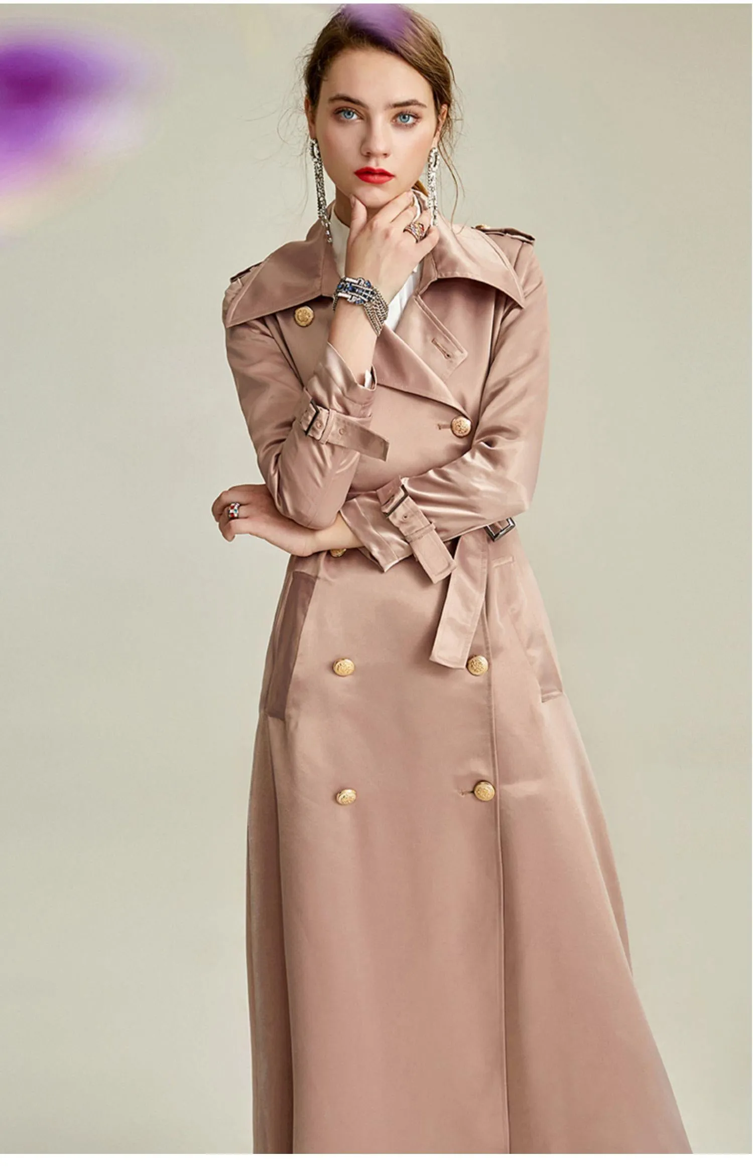 Fall autumn bright satin double-breasted lapel high-end drape  windbreaker long coat jacket - Reza