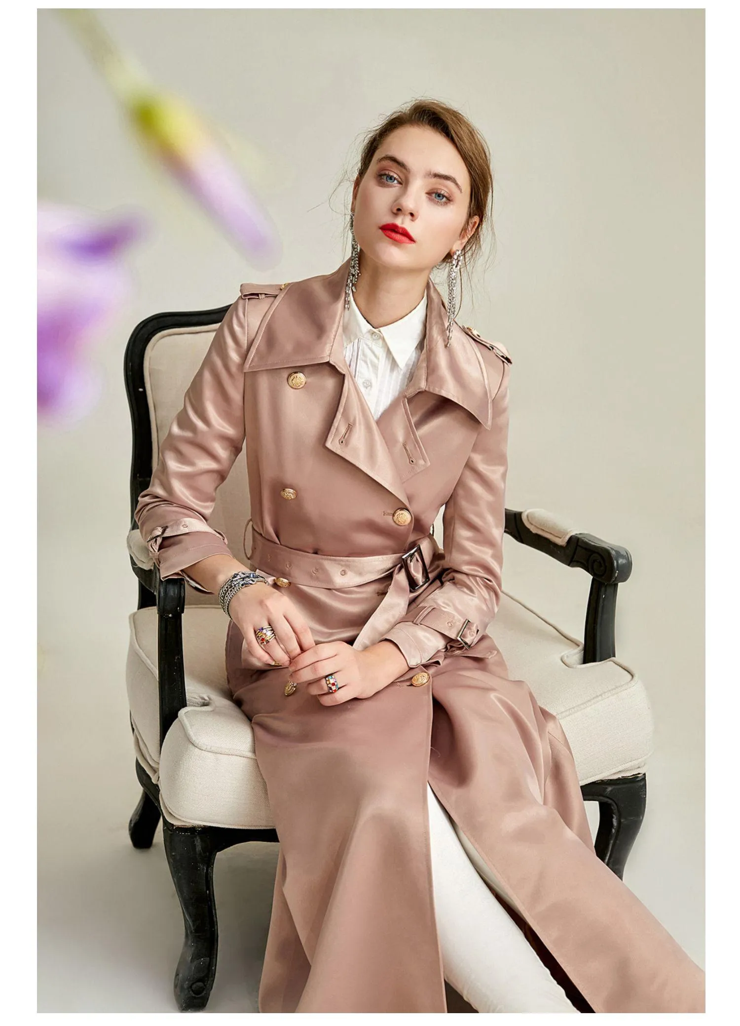 Fall autumn bright satin double-breasted lapel high-end drape  windbreaker long coat jacket - Reza