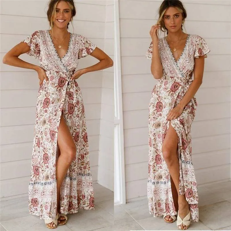 FashionSierra - Holiday Long Dress Women's Boho Dresses Lady Boho Floral V-neck Long Maxi Dress Summer Beachwear Sundress