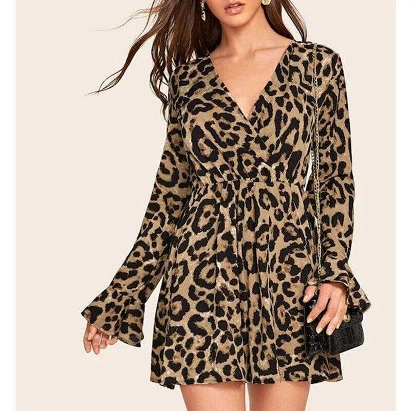 FashionSierra - New Fashion Women Long Sleeve Leopard Dress Elegant Loose Tunic Evening Party Dress Ladies Clothing Streetwear