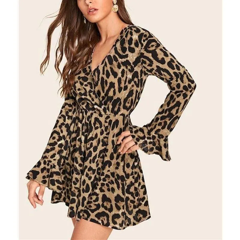 FashionSierra - New Fashion Women Long Sleeve Leopard Dress Elegant Loose Tunic Evening Party Dress Ladies Clothing Streetwear