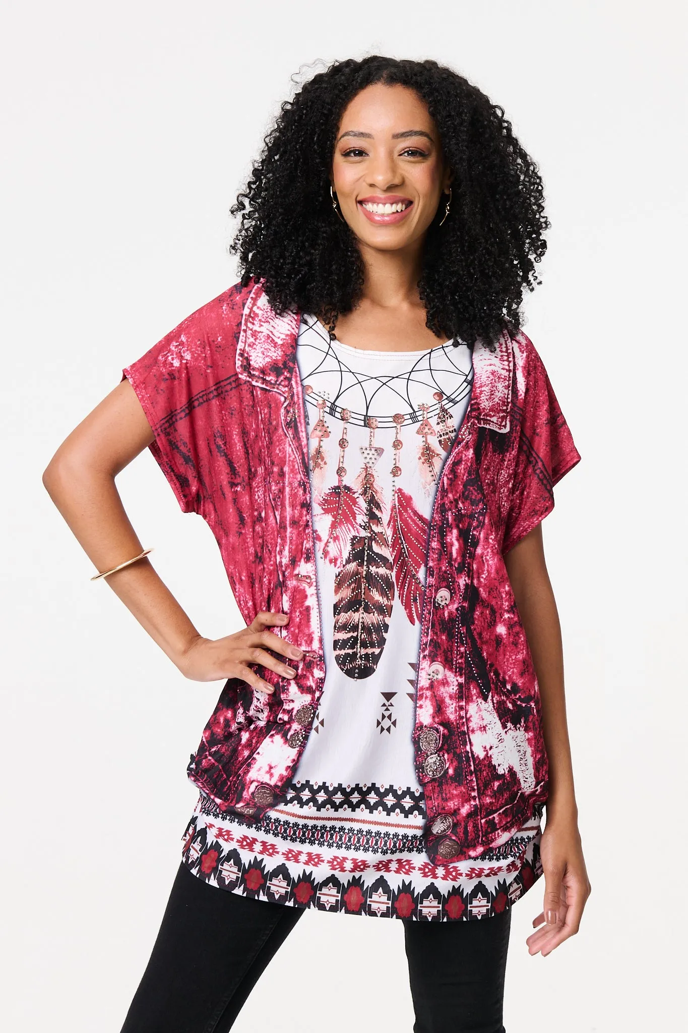 Feather Print Relaxed Short Sleeve Tunic