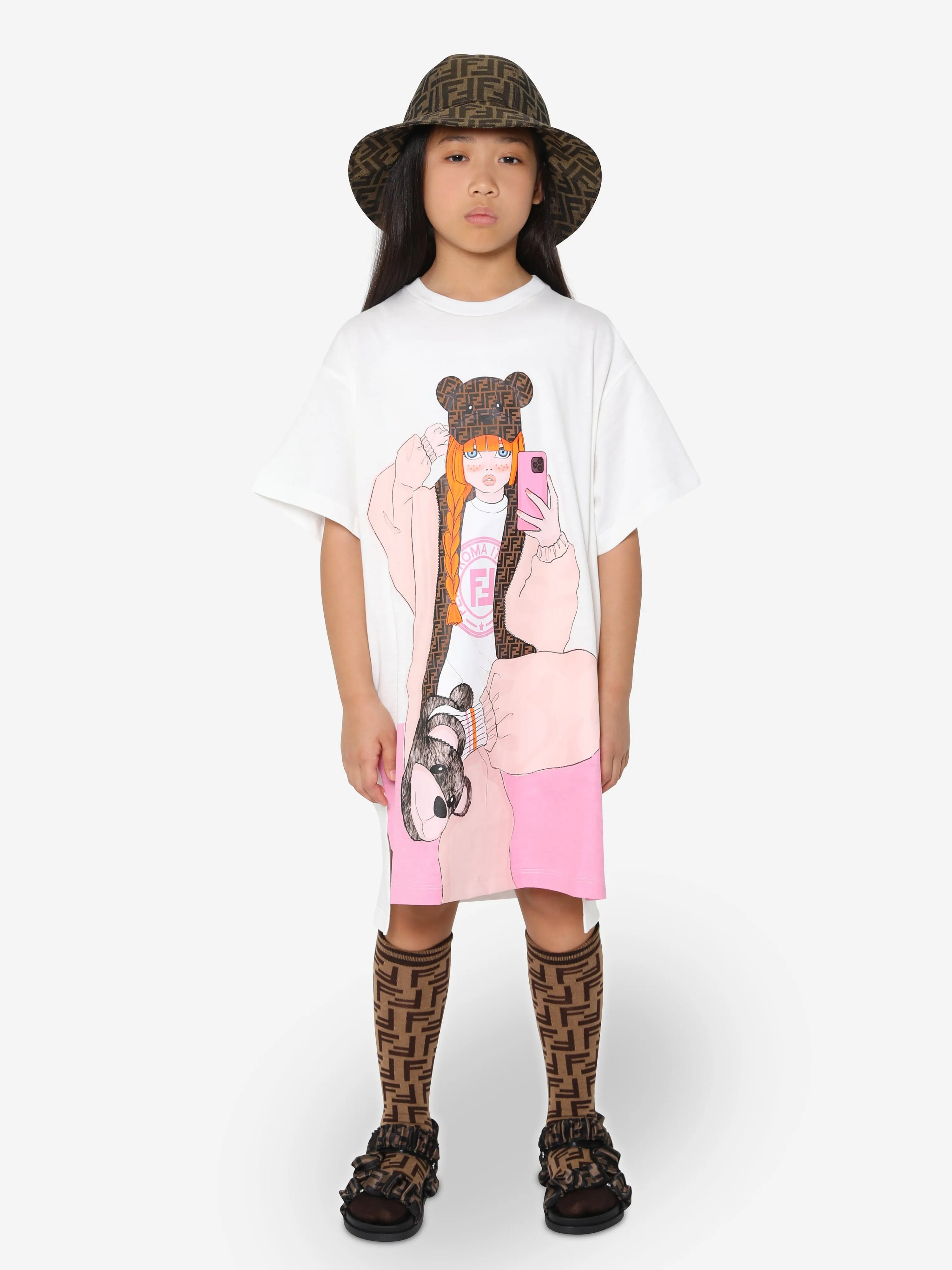 Fendi Girls Graphic Print T-Shirt Dress in White