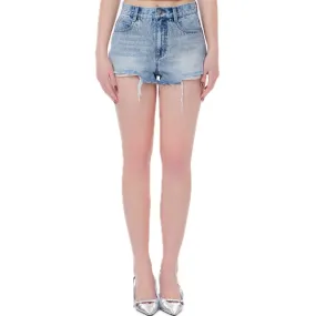 Fine Glitter Logo Iron-On Denim Shorts Blue