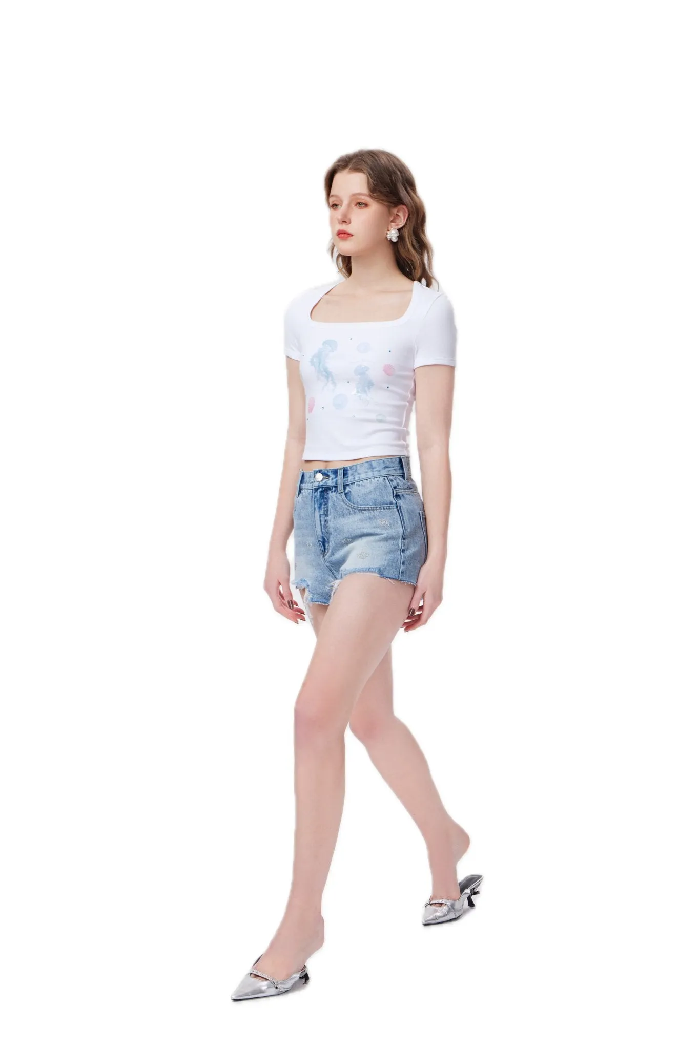 Fine Glitter Logo Iron-On Denim Shorts Blue