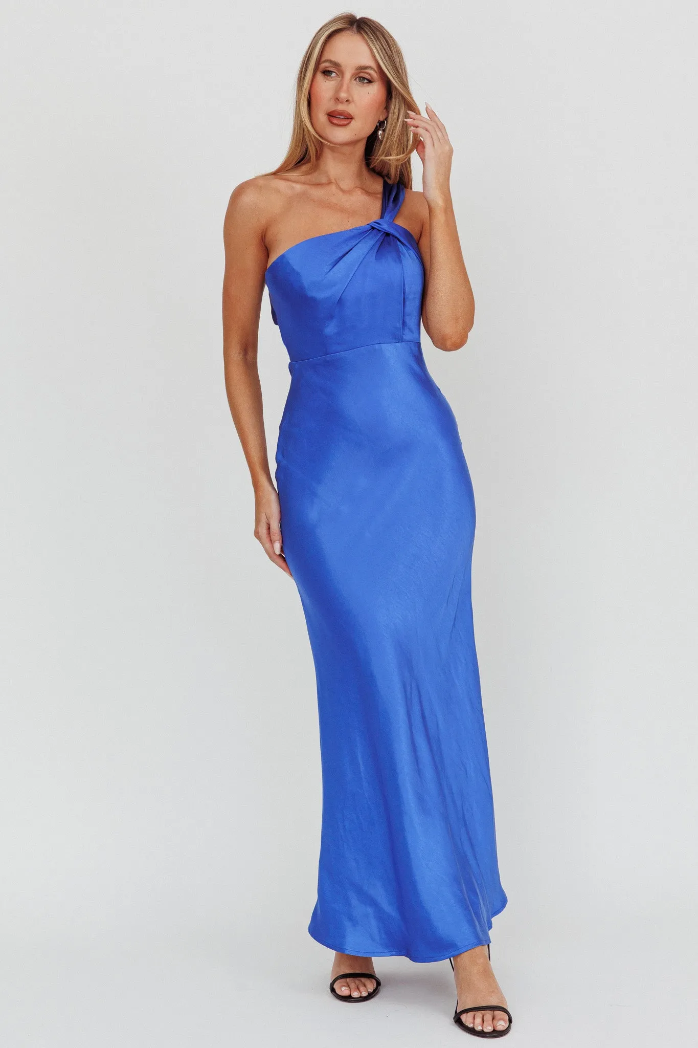 Fly Love Satin One Shoulder Maxi Dress Navy