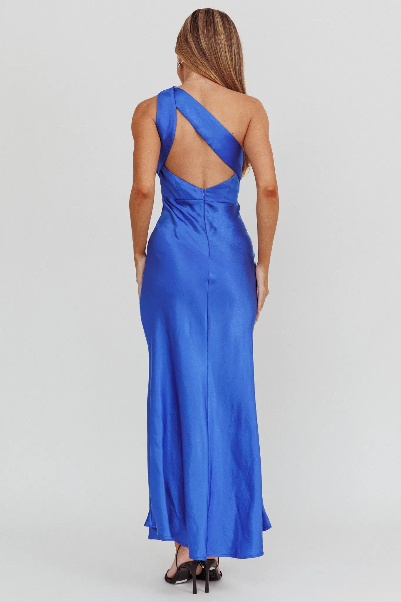 Fly Love Satin One Shoulder Maxi Dress Navy