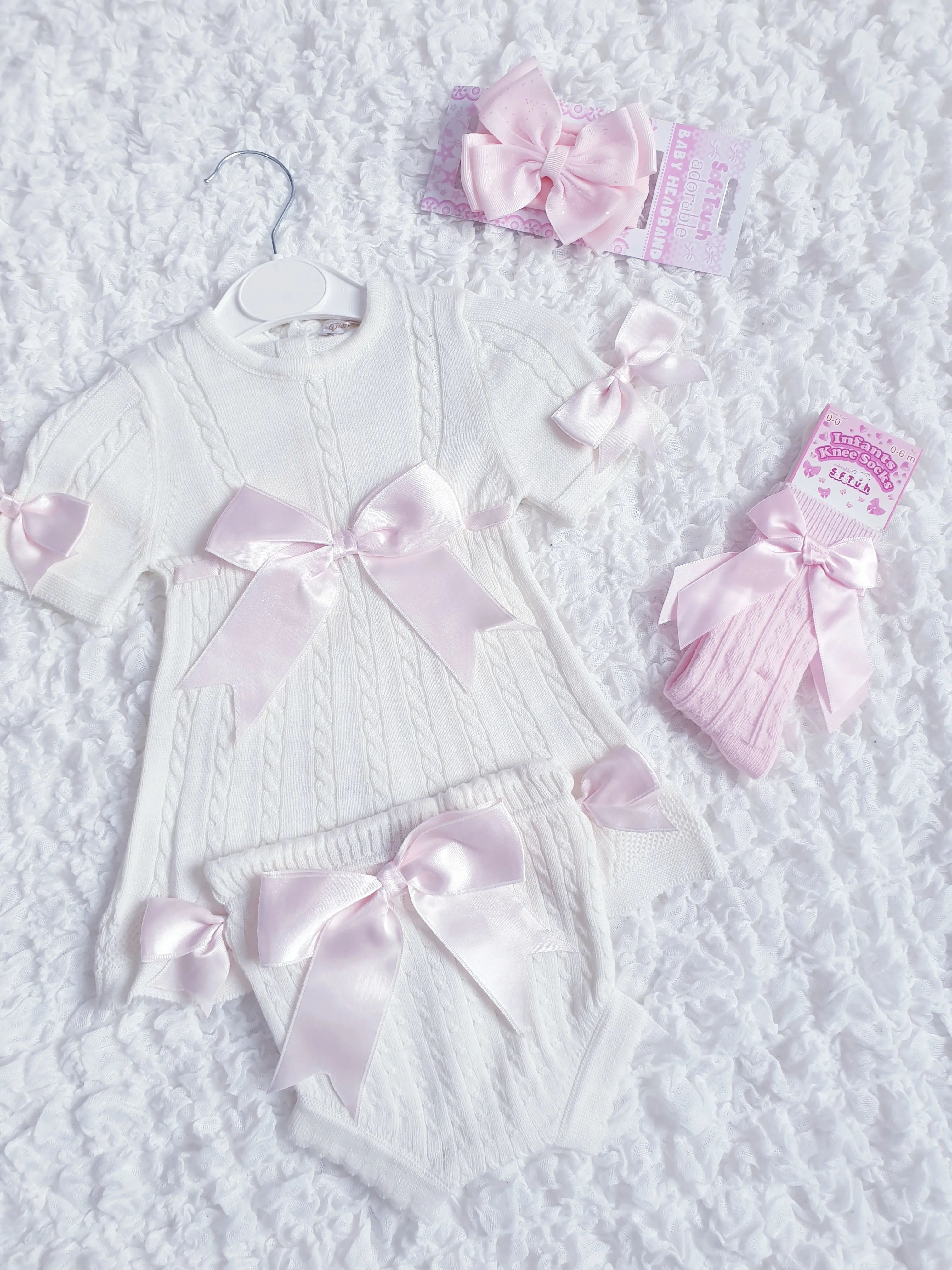 Girls Ivory Pink Ribbon Bow Knitted Jam Pants Set