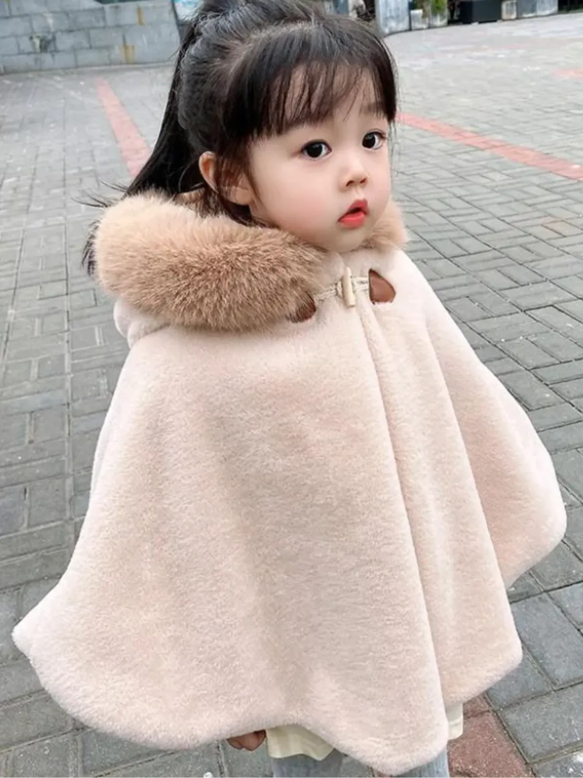 Girls Luxurious Plush Faux Fur Hooded Cape Coat