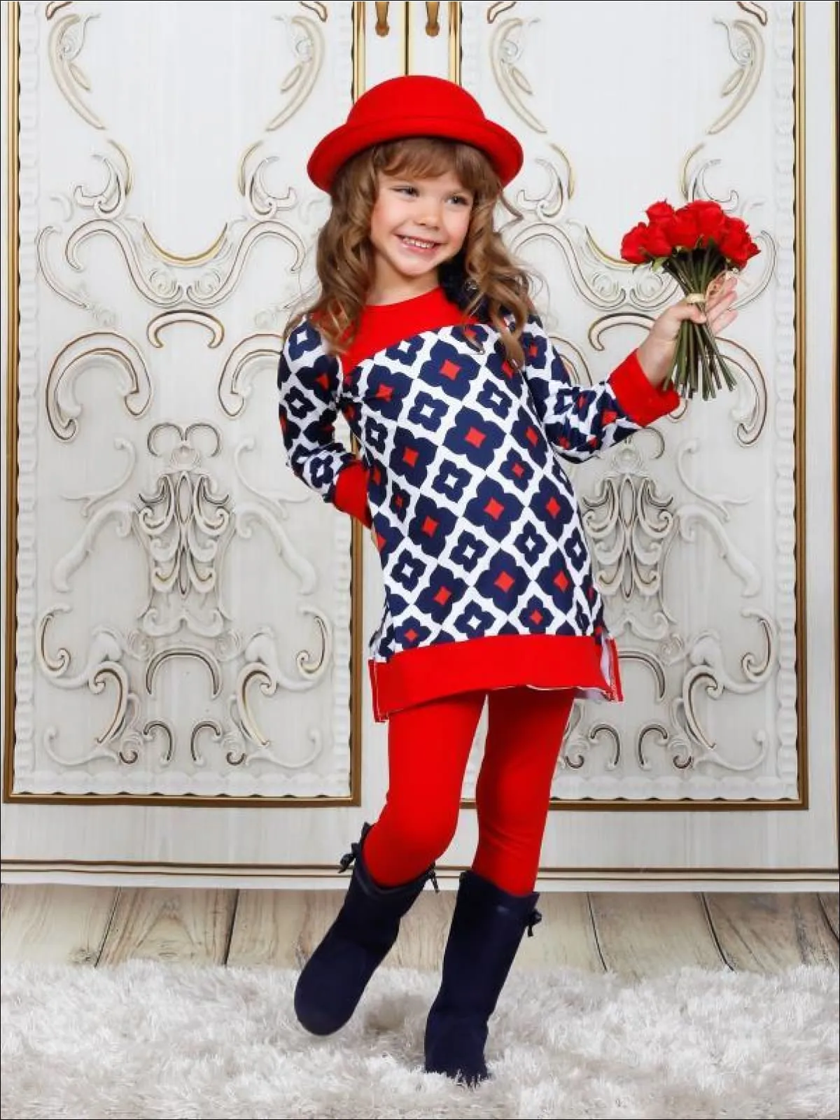 Girls Navy, Red And Creme Medallion Print Long Sleeve Side Slit Tunic And Matching Legging Set