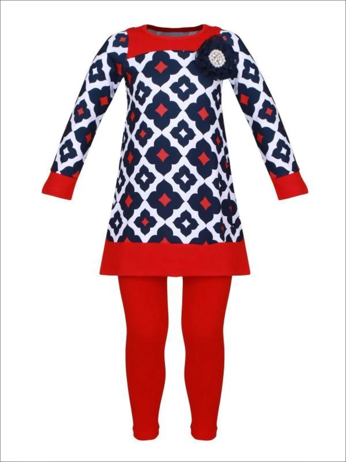 Girls Navy, Red And Creme Medallion Print Long Sleeve Side Slit Tunic And Matching Legging Set