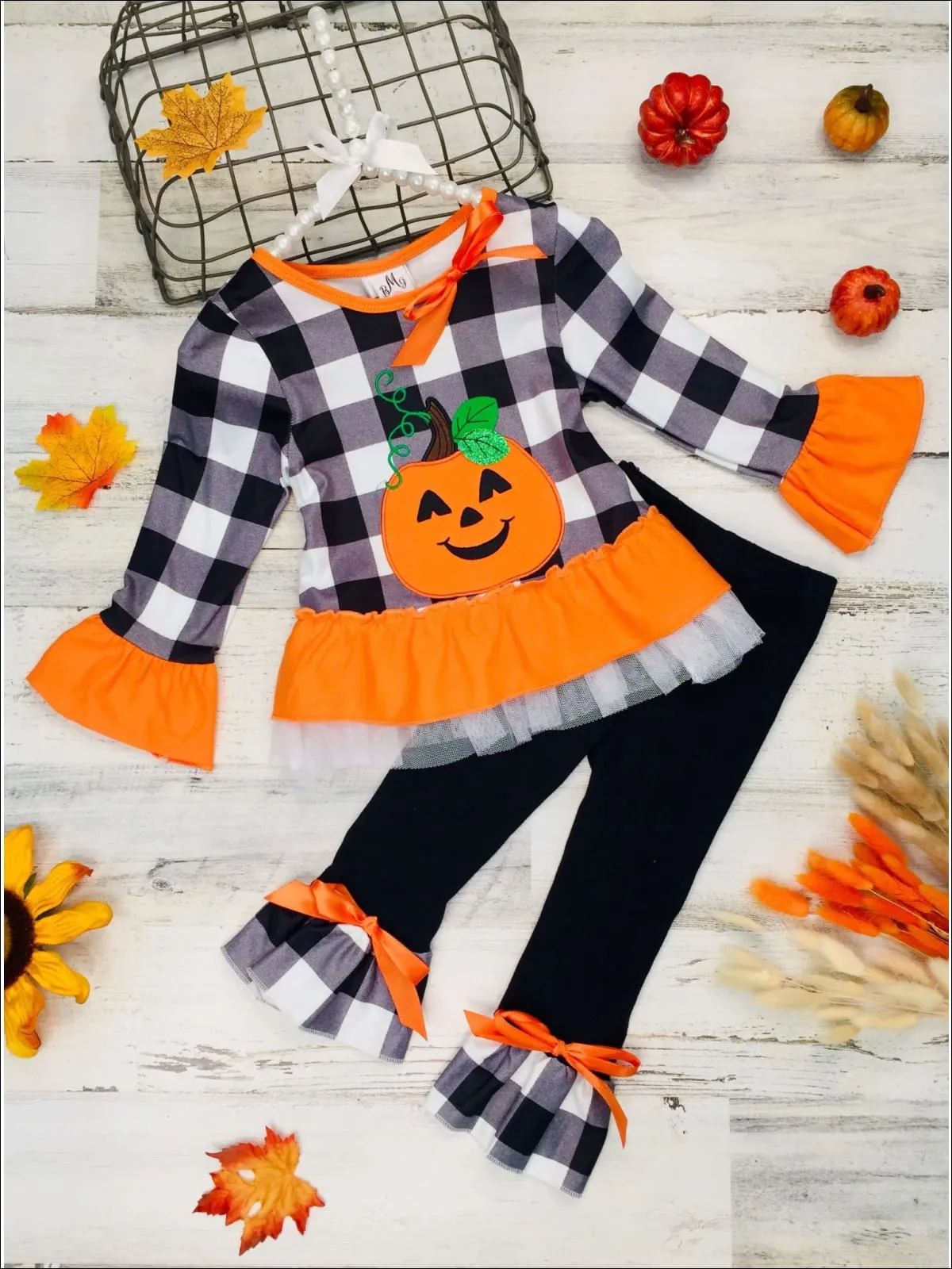 Girls Plaid Long Sleeve Ruffled Pumpkin Tunic And Ruffled Bow Legging Set