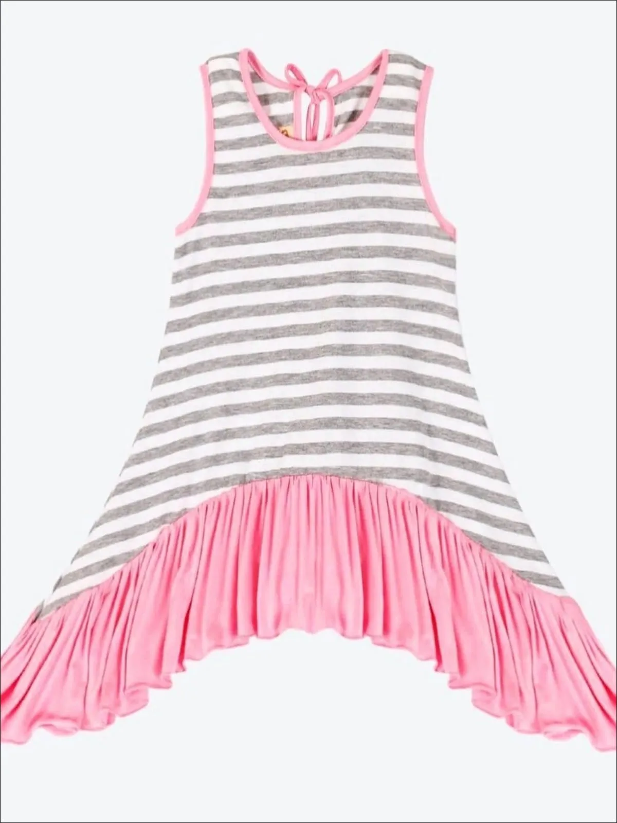 Girls White, Grey And Pink Striped Side Tail Ruffle Hem Tunic