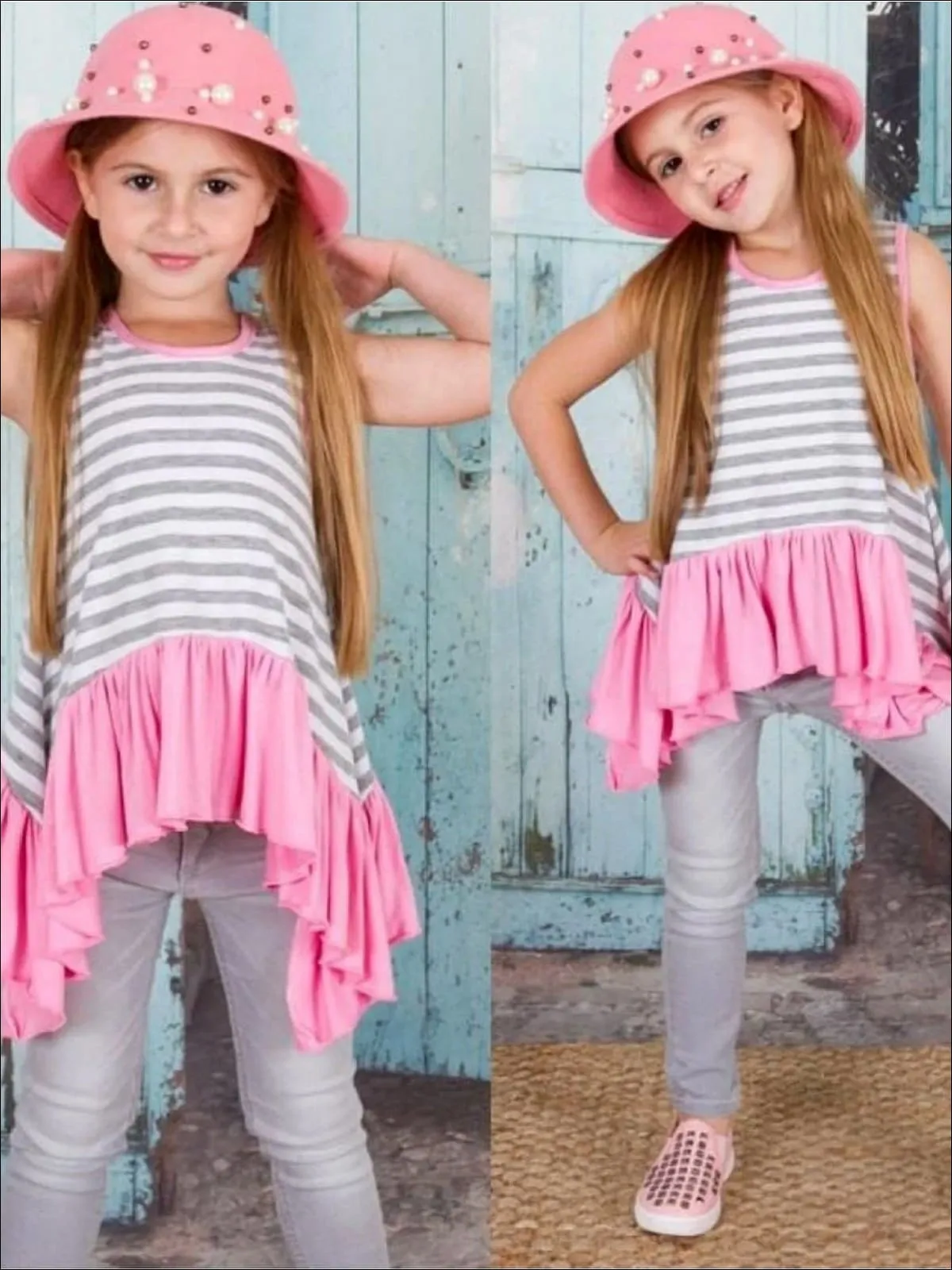 Girls White, Grey And Pink Striped Side Tail Ruffle Hem Tunic