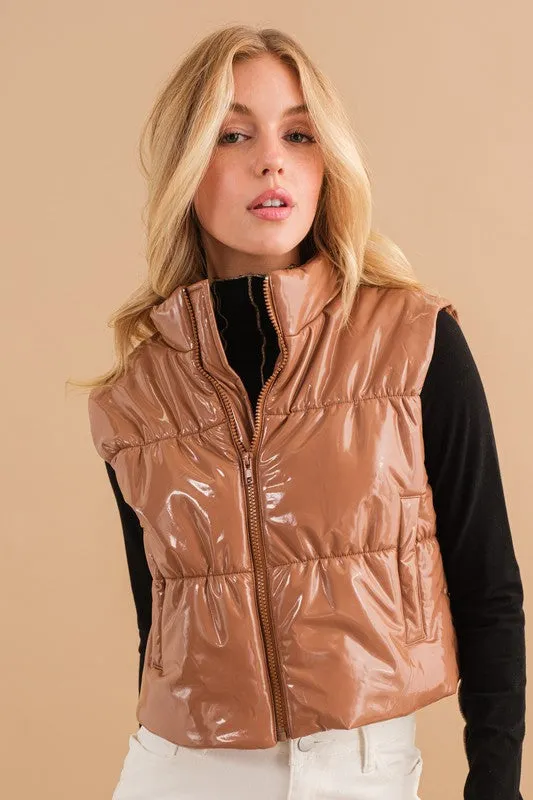 Gloss Quilted Puffer Zip Up Crop Vest