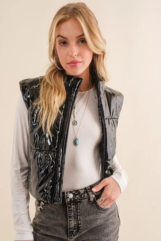 Gloss Quilted Puffer Zip Up Crop Vest