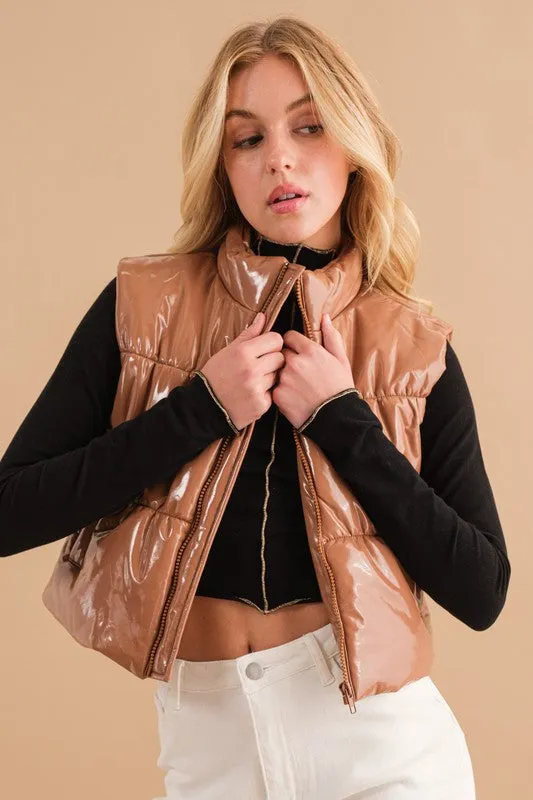 Gloss Quilted Puffer Zip Up Crop Vest