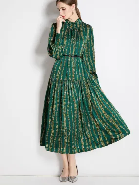 Green Stand Collar Long Sleeves Maxi Beach Boho Dress with Belt