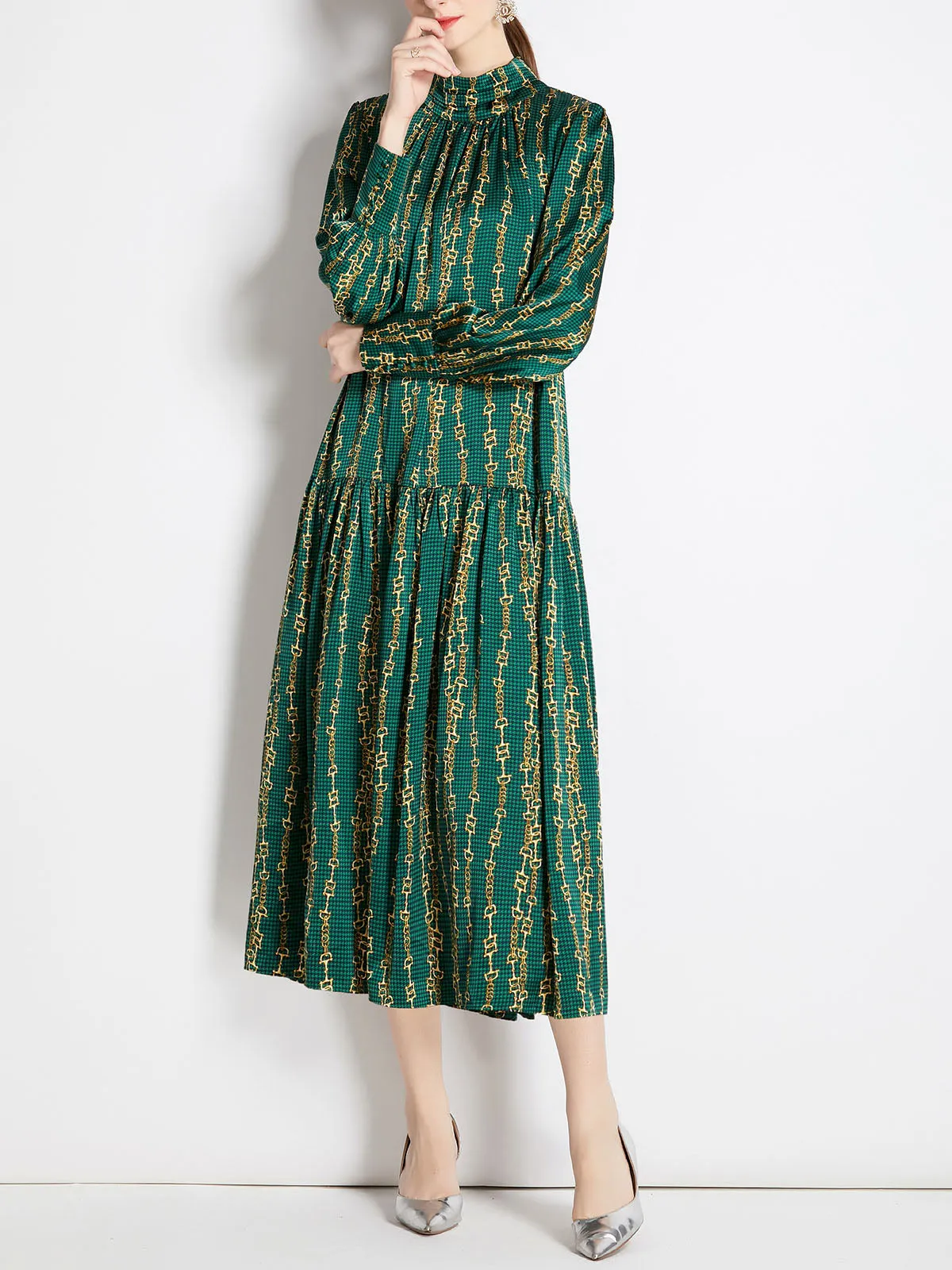 Green Stand Collar Long Sleeves Maxi Beach Boho Dress with Belt