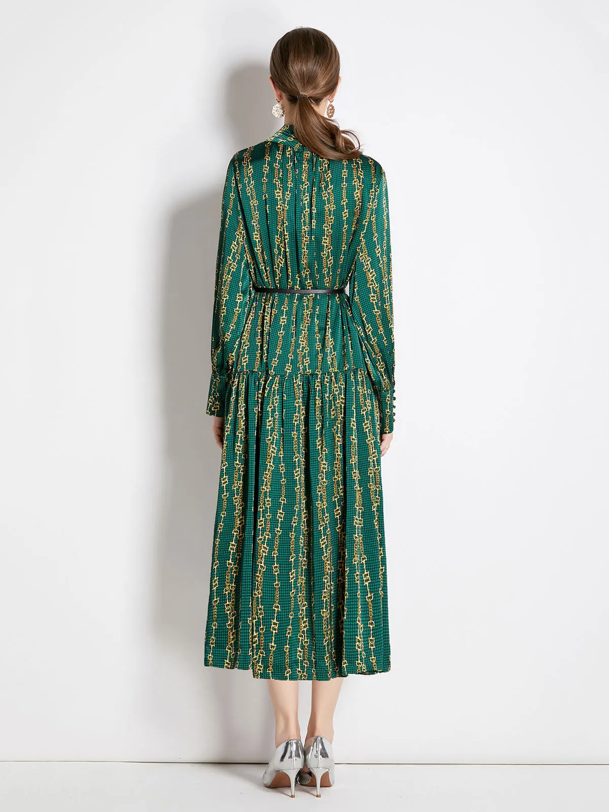 Green Stand Collar Long Sleeves Maxi Beach Boho Dress with Belt