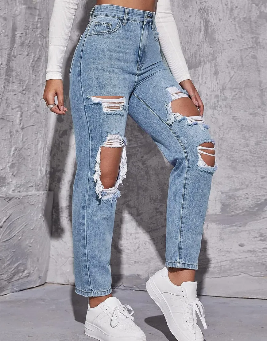 High Rise Ripped Mom Jeans Light Blue