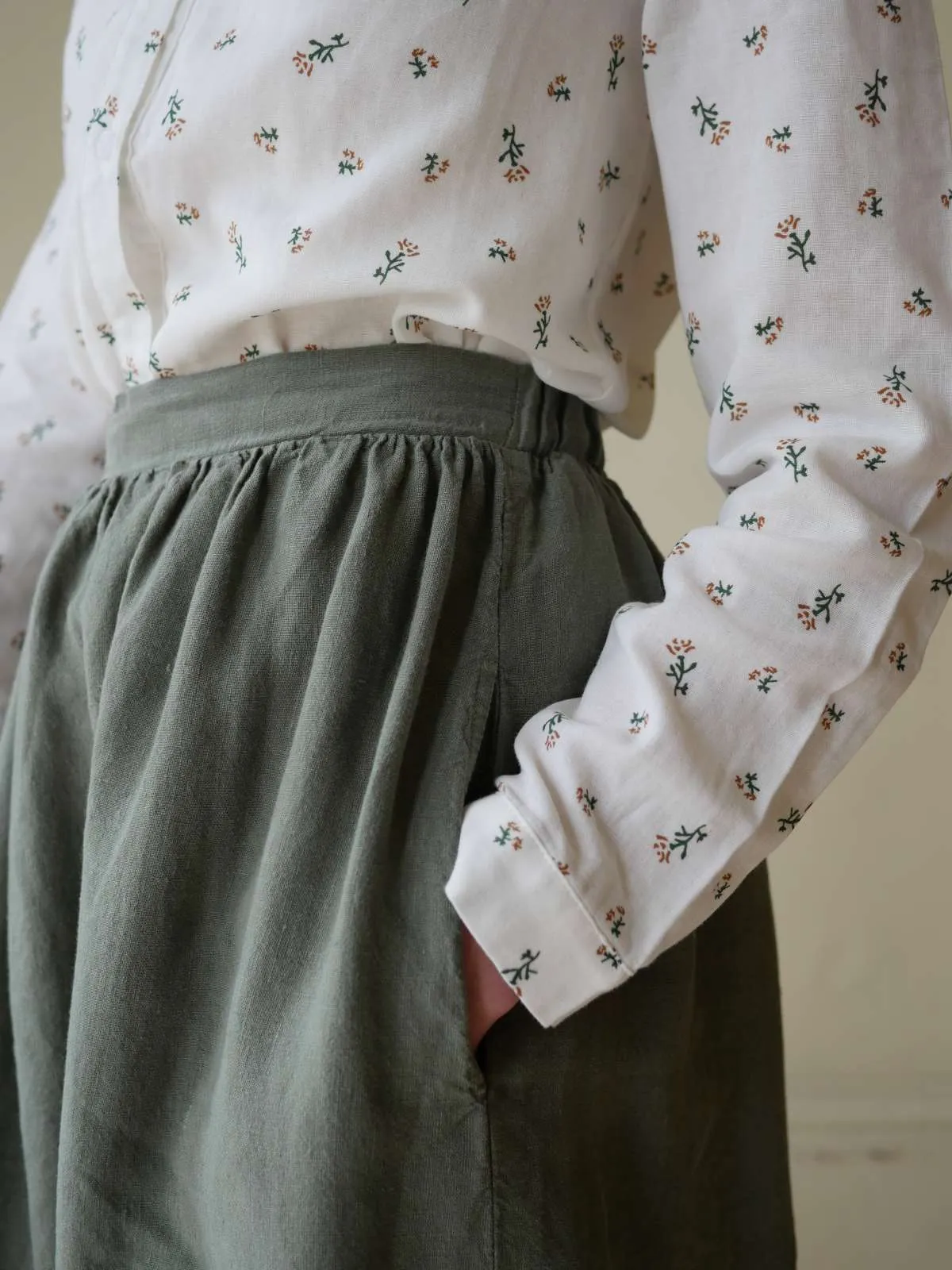 High Waisted Linen Midi Skirt - Olive