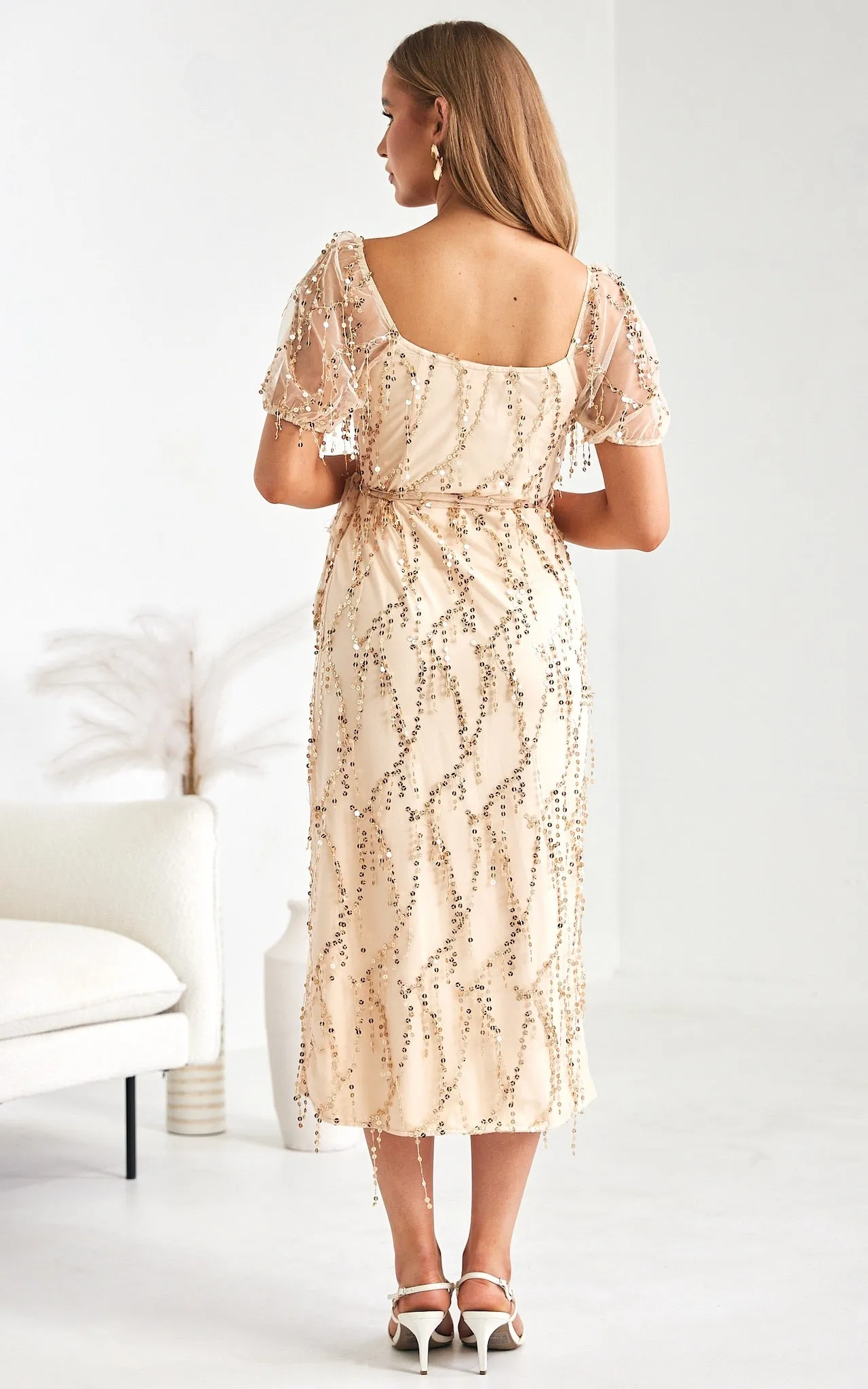 Hilton Midi Dress - Beige Gold