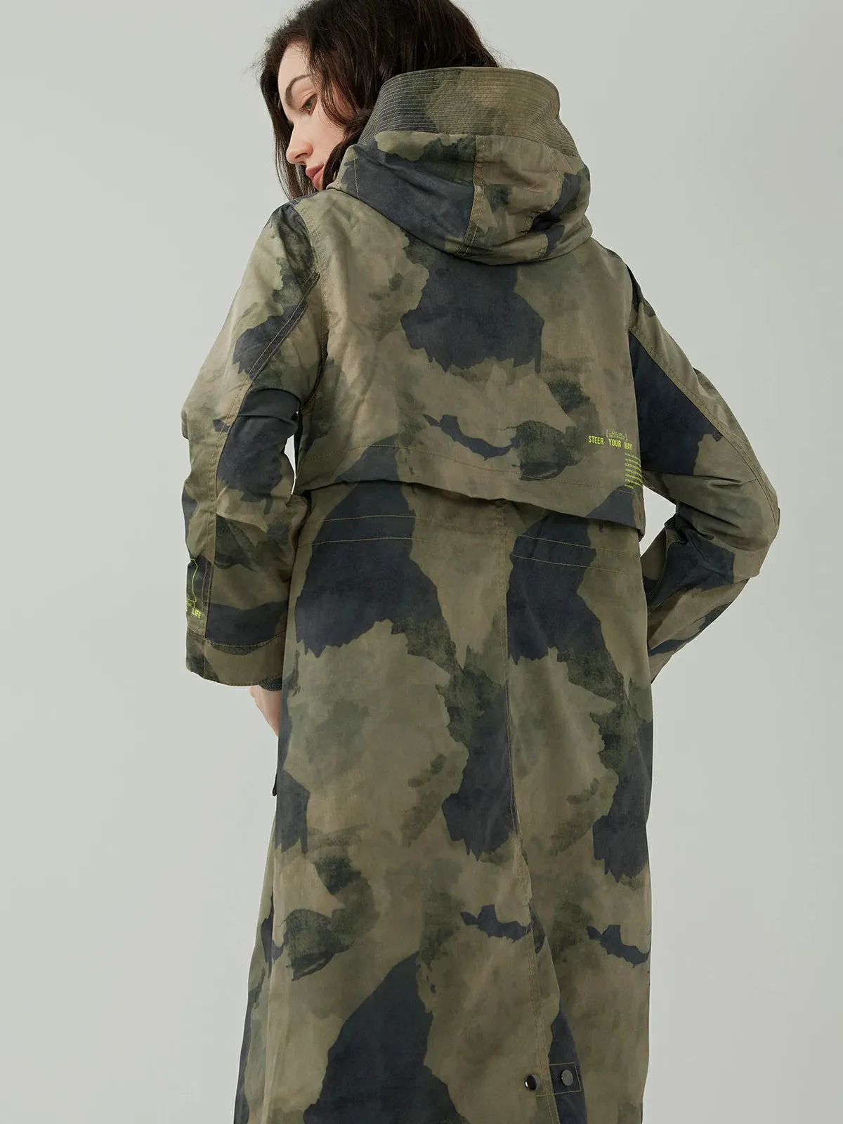 Hooded Camo Longline Trench Coat