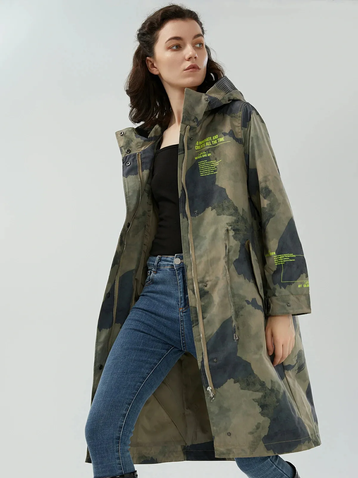 Hooded Camo Longline Trench Coat