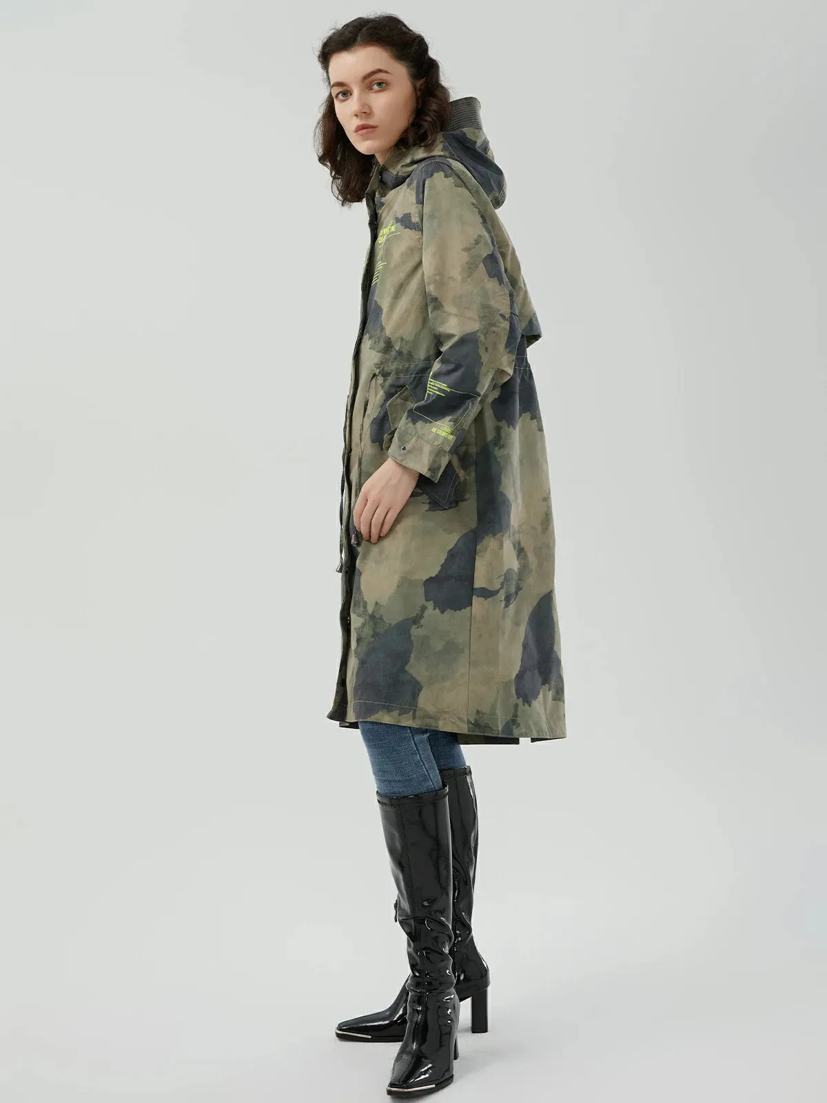 Hooded Camo Longline Trench Coat