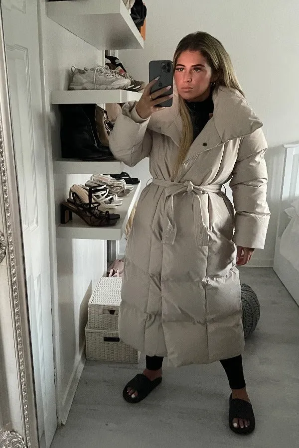 HOODED FAUX FUR TIE UP OVERSIZED BEIGE LONG PUFFER COAT