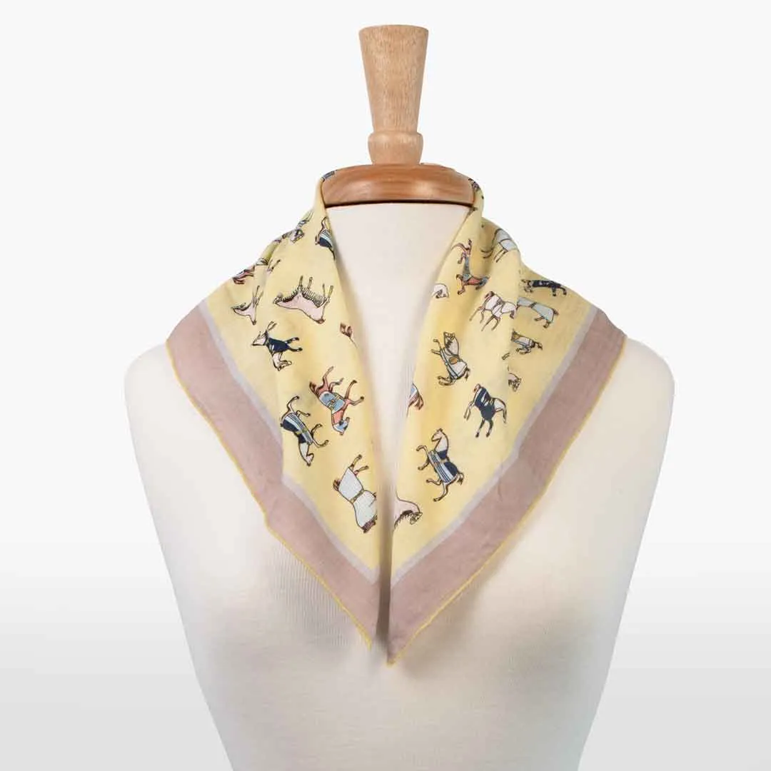 Hunt Club - Stylized Equestrian Pattern in Yellow and Sand Border Fine Cotton Scarf