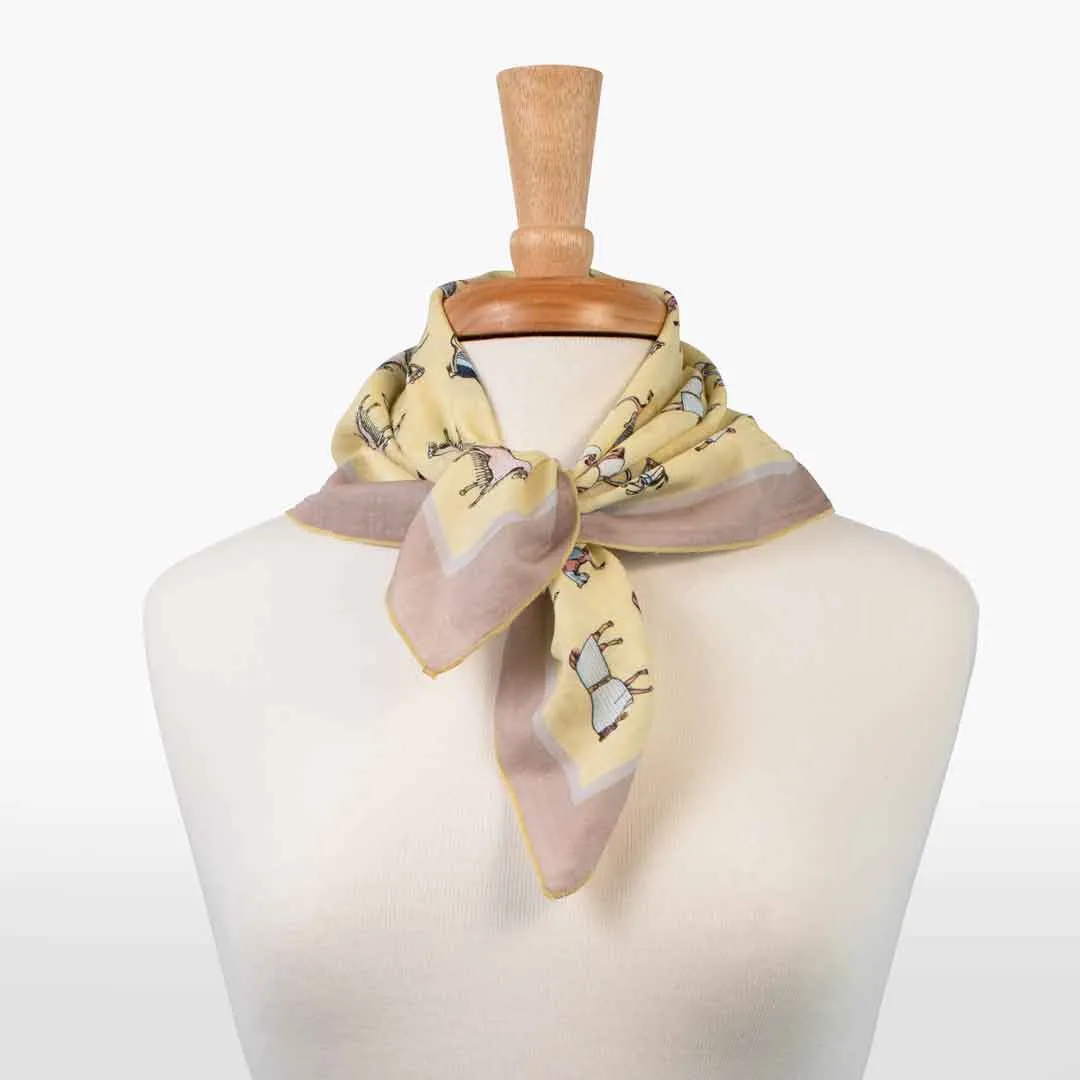 Hunt Club - Stylized Equestrian Pattern in Yellow and Sand Border Fine Cotton Scarf