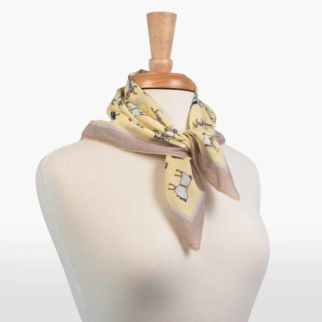 Hunt Club - Stylized Equestrian Pattern in Yellow and Sand Border Fine Cotton Scarf