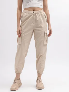 Iconic Women Beige Solid Regular Fit Mid-Rise Trouser