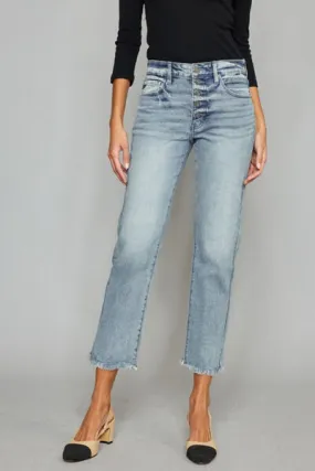 Kancan High Waist Button Fly Raw Hem Cropped Straight Jeans