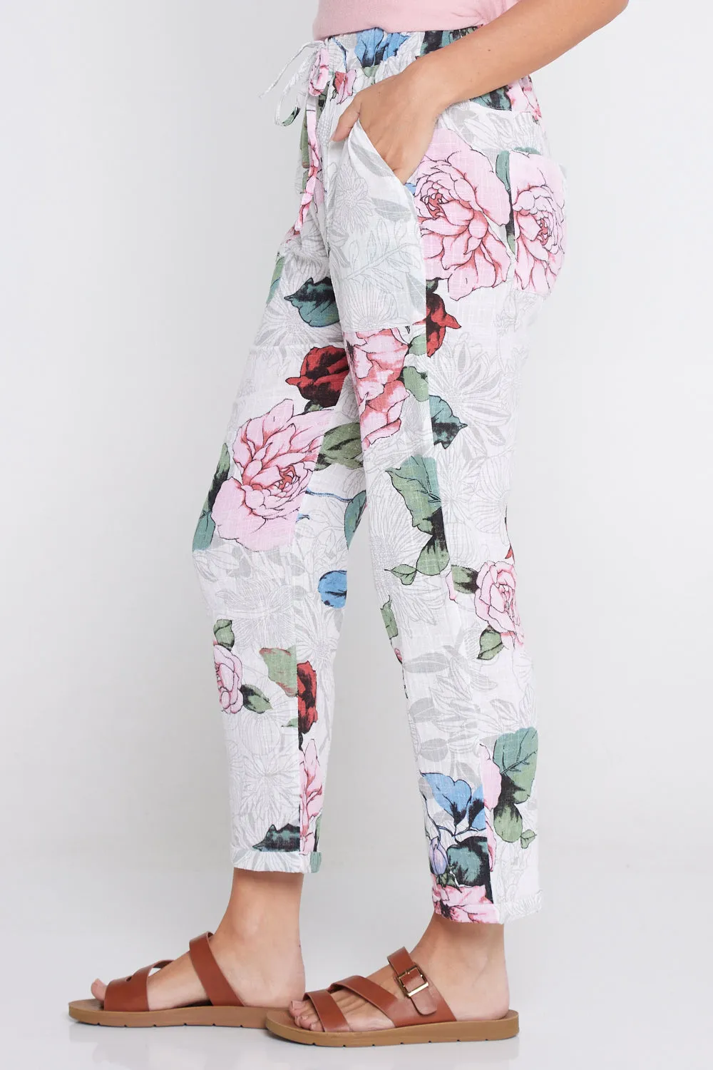 Kiana Linen Pants  - White Floral