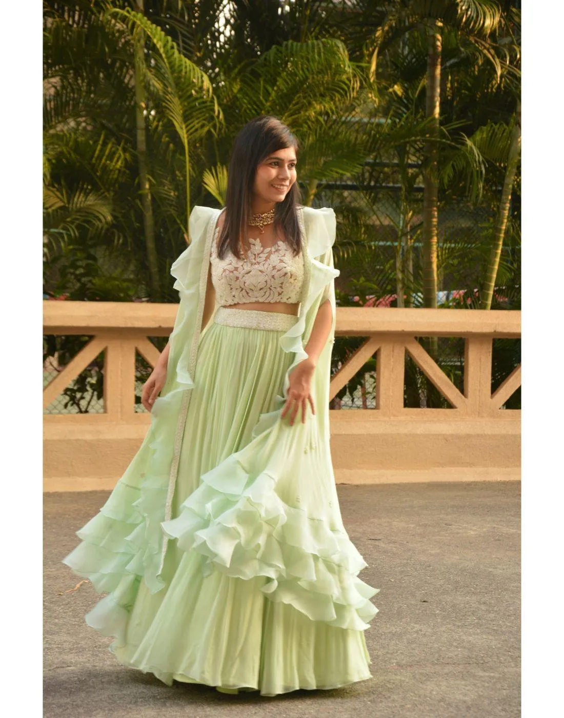 Krupa Jain's Rent Mint Green Skirt Top With Ruffled Cape